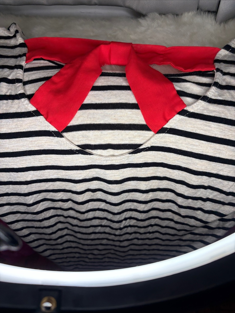 Striped Black and Cream shirt  with red bow on back